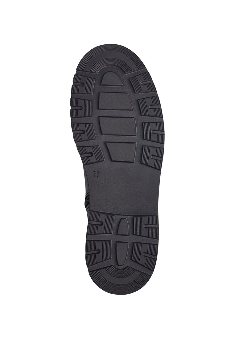 Suola di scarpa in gomma nera con motivo testurizzato, caratterizzata da scanalature profonde ed elementi di trazione. Taglia contrassegnata come 37.