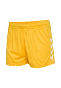 Gula sportshorts gjorda av lätt material med elastisk midjeband, med vita chevron-ränder på sidorna.