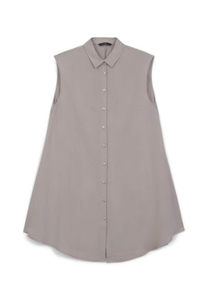 Blusa grigia chiaro senza maniche con colletto a punta e vestibilità ampia e svasata.