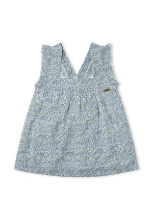 Vestido sin mangas para niño pequeño con tirantes anchos, con un estampado floral azul claro y detalle fruncido en la cintura.