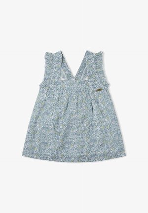Vestido sin mangas para niño pequeño con tirantes anchos, con un estampado floral azul claro y detalle fruncido en la cintura.
