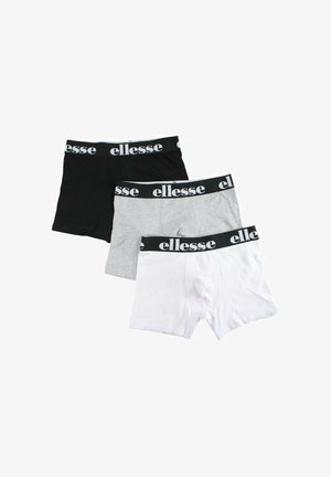 Trois paires de boxers pour hommes en noir, gris et blanc avec des ceintures noires ornées du logo blanc "ellesse".