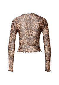 Läpinäkyvä, pitkähihainen paita, jossa on leopardikuvio vaaleanruskeana ja mustana. Lyhyt malli, jossa aaltoilevat reunat helmassa ja hihoissa.