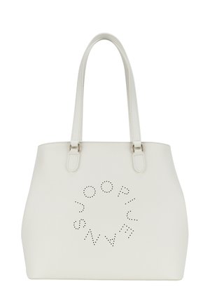 Sac fourre-tout synthétique blanc avec double poignées, arborant une inscription de marque perforée dans un design circulaire à l'avant. Texture lisse.