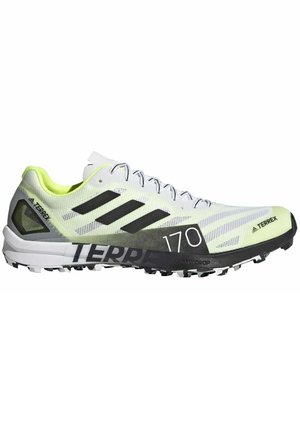 Zapatilla de running blanca y verde claro con acentos negros, parte superior de malla texturizada, diseñada para ofrecer tracción con una suela robusta. Presenta la marca Terrex.