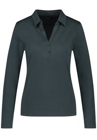 Mörkgrön långärmad polo-tröja med krage, treknappslåsstängning och en slät yta. Inga mönster eller synliga logotyper.