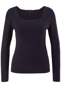 Pull à manches longues bleu marine avec un col carré, texture côtelée, coupe ajustée et tissu doux. Étiquette indiquant "comme." Taille 36.