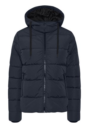 Navy blue puffer jacket with a hood, featuring a zip front, button snaps, and elastic cuffs. Stitch detailing and side zip pockets.