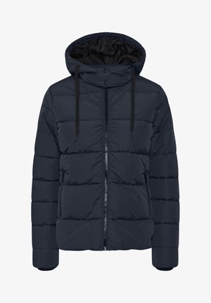 Dunkelblauer Steppmantel mit Kapuze, mit Reißverschluss vorne, Druckknöpfen und elastischen Bündchen. Mit Nähdetails und seitlichen Reißverschlusstaschen.