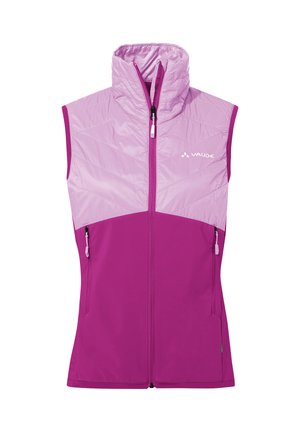 Veste sans manches pour femme de plein air en deux nuances de rose avec col montant, fermeture éclair frontale, poches latérales zippées et logo "Vaude" sur la poitrine.