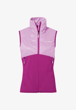 Gilet da donna senza maniche per attività all'aperto, in due tonalità di rosa, con collo alto, cerniera frontale, tasche laterali con cerniera e logo "Vaude" sul petto.