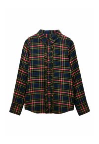 Navy blue plaid shirt featuring green, red, and yellow lines. Ruffled front placket and collar. Long sleeves with button cuffs. Cotton material.