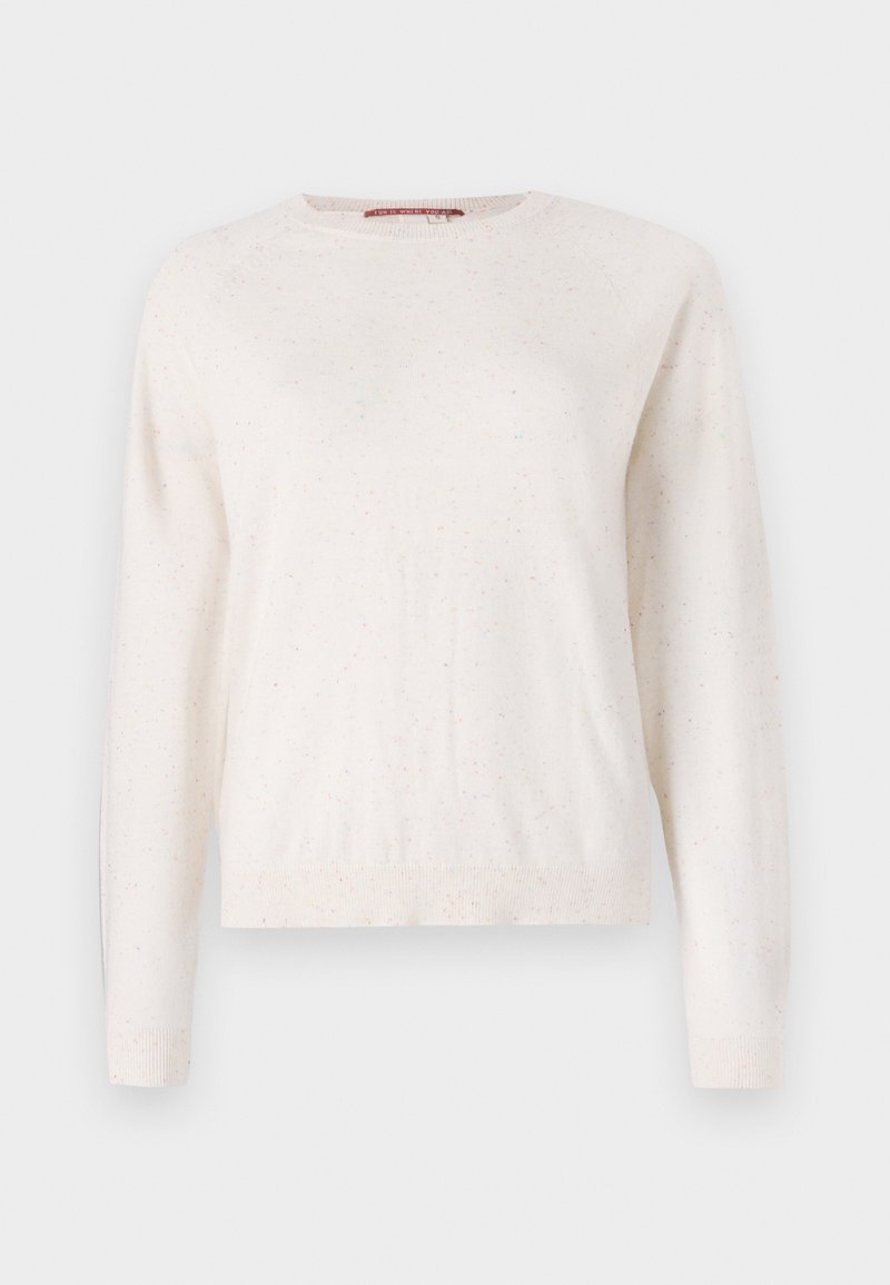 Helles cremfarbendes Pullover mit Rundhalsausschnitt, strukturiertem Oberflächendesign und mehrfarbigen Sprenkeln. Rippbündchen an den Ärmelenden und am Saum.