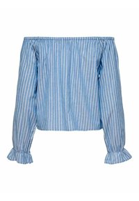 Blusa blu a spalle scoperte con strisce verticali bianche, maniche lunghe e polsini arricciati. Realizzata in un tessuto leggero e traspirante.