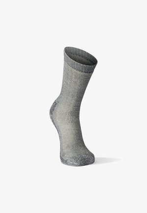 Graue gerippte Socke mit verstärkter Zehen- und Ferse, nahtlosem Design und elastischem Bündchen für verbesserten Sitz und Komfort.