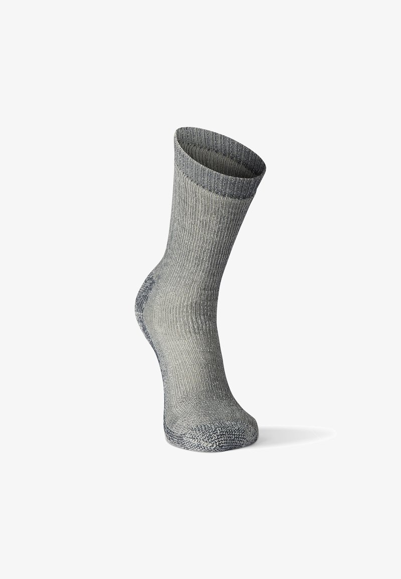 Meia cinza canelada com biqueira e calcanhar reforçados, apresentando um design sem costuras e punho elástico para melhor ajuste e conforto.