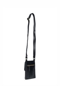 Sort læder crossbody taske med justerbar skulderrem, en frontlomme med lynlås, glat tekstur og minimalistisk design.