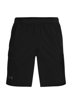Shorts de sport noirs avec taille élastique, poches latérales et petit logo Under Armour sur la jambe gauche.