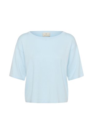 Haut tricoté bleu clair à manches courtes, col rond, coupe décontractée, avec une petite étiquette de marque au niveau de la nuque intérieure.