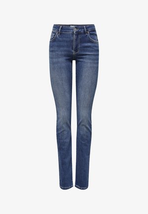 Slim-fit blue denim jeans with a mid-rise waist, five pocket design, subtle fading, and contrast stitching. Button and zipper closure.