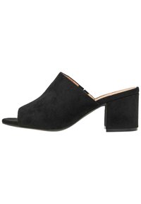 Black suede open-toe mules with a sleek curved design and a chunky block heel. Smooth texture and understated silhouette.