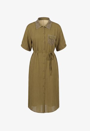 Hellbraunes Midi-Kleid zum Knöpfen mit kurzen Ärmeln, strukturiertem Kragen und Tasche sowie Bindegürtel in der Taille.