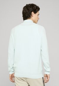 Pull tricot bleu clair avec un motif texturé, manches longues et ourlet côtelé. Vue de dos, fond uni.