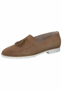 Pruunist sametist loafers, millel on frakside aktsent, ümmargune nina ja valgest kummist tald, mis tagab haardumise ja mugavuse. Puhtalt minimalistlik disain.