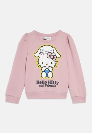 Pink long-sleeve children's sweatshirt with Hello Kitty and character Cinnamoroll graphic and "Hello Kitty and Friends" text on front.