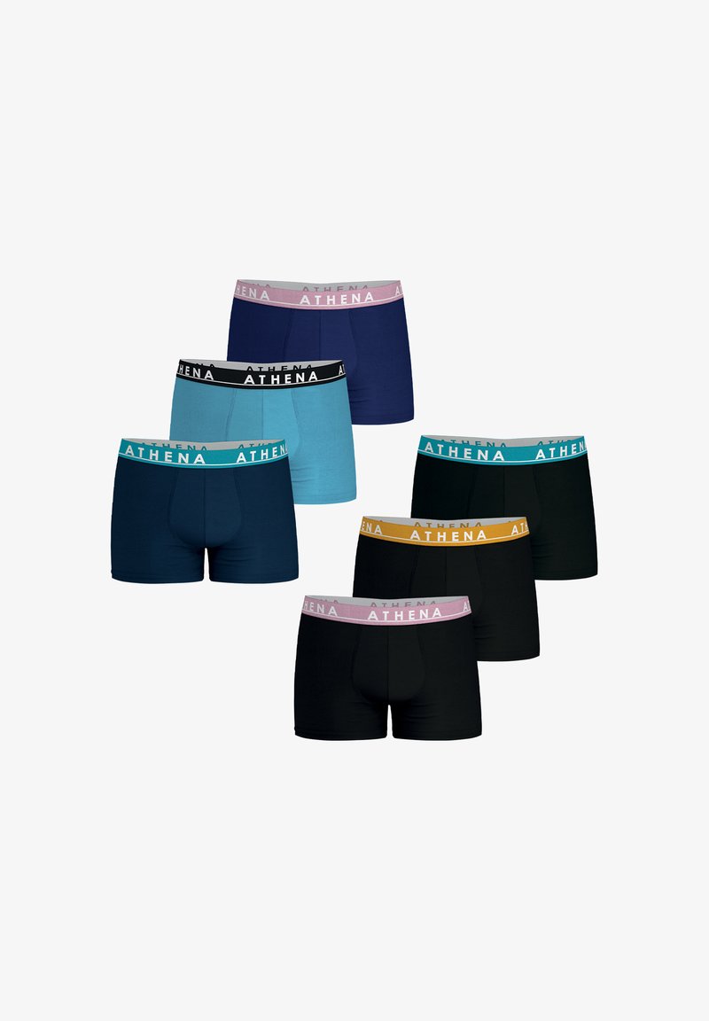 Six paires de boxeurs pour hommes dans des couleurs variées : bleu foncé, bleu clair, marine, noir et jaune. Chacun dispose d'une ceinture élastique avec l'inscription "ATHENA".