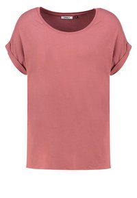 Rosa kortermet skjorte med rund hals. Mykt, lett materiale. Avslappet passform med rullede ermer og en enkel, jevn tekstur.