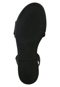 Musta kumipohja sandaalilla, jossa on kuvioitu pinta ja ilmanvaihtoaukot. Ominaisuuksiin kuuluu sileä pinta ja kaiverrettu logo, jossa lukee "GEOX ITALIAN PATENT".