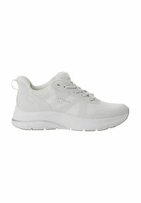 Sneakers atletiche bianche con una tomaia sintetica liscia, dettagli testurizzati, suola ammortizzata e sistema di allacciatura. Cinghia posteriore per indossarli facilmente.
