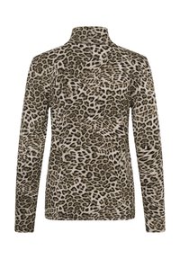 Langärmliges Oberteil mit Leopardenmuster in Beige und Schwarz. Mit hohem Kragen und weicher Textur. Gerader Schnitt ohne sichtbare Verschlussdetails.
