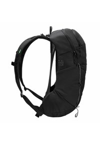 Zaino nero con un design curvo, realizzato in materiale resistente. Presenta spallacci a rete, tasche con zip e un dettaglio a motivo esagonale.