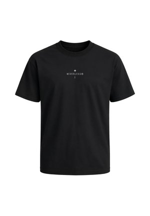 Black short-sleeve crewneck T-shirt with white text "NEVERLESS®" and a small star graphic centered on the chest.