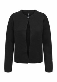 Schwarze Strickjacke mit rundem Ausschnitt, langen Ärmeln und offenem Vorderteil mit einem einzigen Knopfverschluss. Hergestellt aus strukturiertem Stoff.