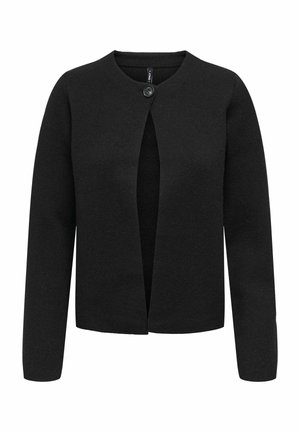 Cardigan noir avec un col rond, des manches longues et une ouverture à l'avant avec une fermeture à un bouton. Fabriqué en tissu texturé.