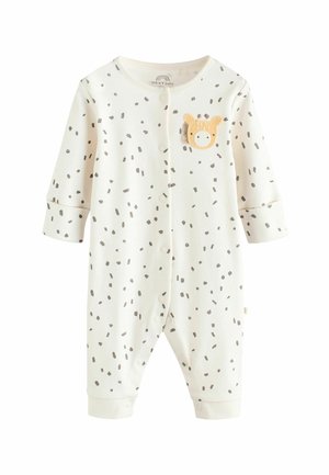 Un body para bebé color crema que presenta un divertido aplique de jirafa y puntos negros dispersos, diseñado con botones a presión para facilitar el vestuario.