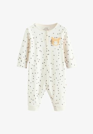 Kremowy body dla niemowląt z aplikacją wesołej żyrafy i rozmieszczonymi czarnymi plamkami, zaprojektowane z zapięciami na napy dla łatwego ubierania.