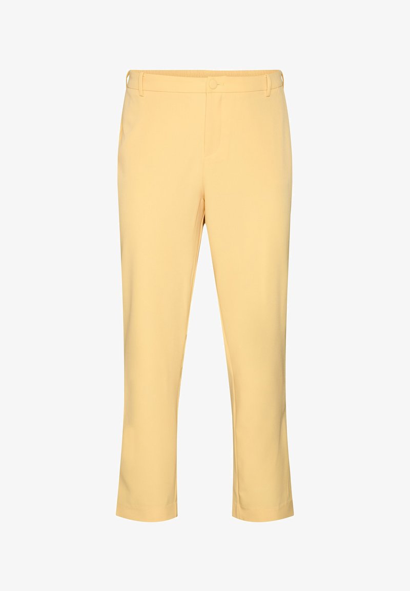 Ανοιχτό κίτρινο παντελόνι slim fit με κουμπί και φερμουάρ, θηλιές για ζώνη και πλαϊνές τσέπες, κατεβαίνει ως τον αστράγαλο.