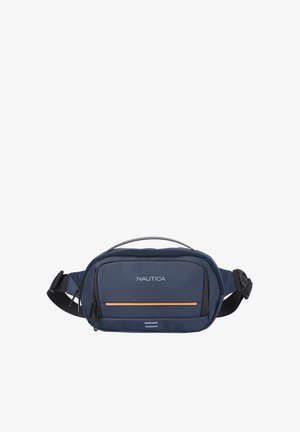 Borsa a tracolla Nautica blu navy realizzata in tessuto resistente, dotata di chiusura con zip, striscia di accento arancione e tracolla regolabile per una vestibilità sicura.