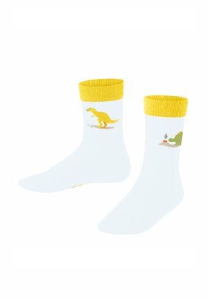 Kinderstrümpfe aus weißer Baumwolle mit gelben Rippenbündchen. Sie verfügen über verspielte Dinosaurier-Muster in Gelb und Grün und haben eine weiche Textur.
