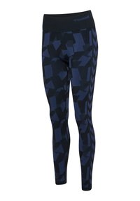 Svart och marinblå leggings med ett abstrakt geometriskt mönster, med en bred midja och texturerade detaljer längs sidorna.