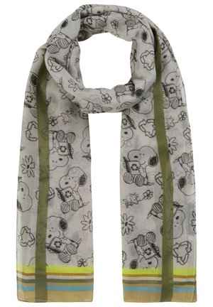 Lekki szal z czarno-białymi szkicami Snoopy'ego i Woodstoka, zielonymi pionowymi paskami i wielokolorowymi poziomymi paskami na końcach.