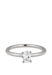 Platina gyűrű, ovális gyémánt középponttal, négy foglalatban elhelyezve, sima, lekerekített sávval, minimalista dizájnért.