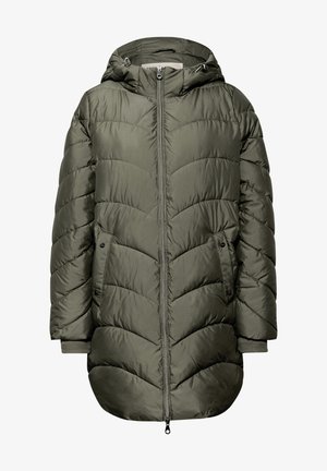 Veste matelassée vert olive avec capuche, présentant une fermeture éclair sur le devant, des poches latérales et un motif matelassé en zigzag. Texture douce et lisse.