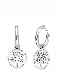 Zilveren hoepel oorbellen met ronde hangers en een uitgesneden boomontwerp, met ingewikkelde details en een gepolijste afwerking.