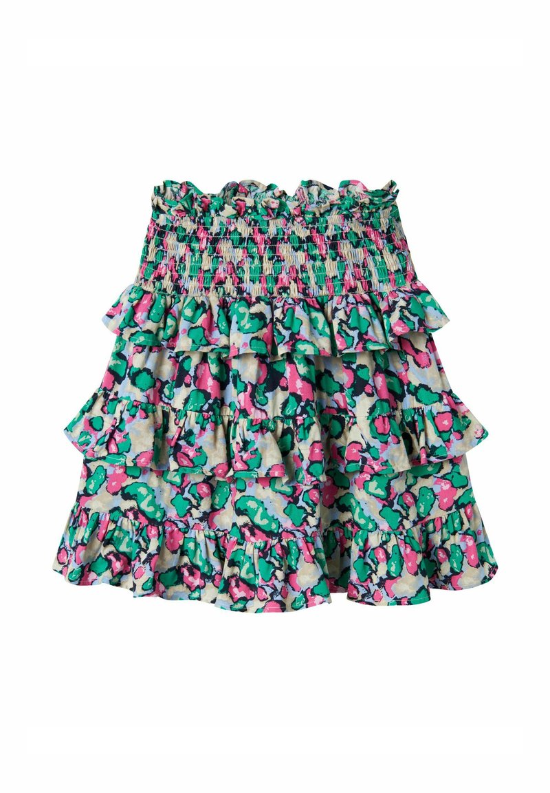 Falda de capas con cintura fruncida. Presenta un vibrante patrón floral en rosa, verde y azul sobre un fondo claro.