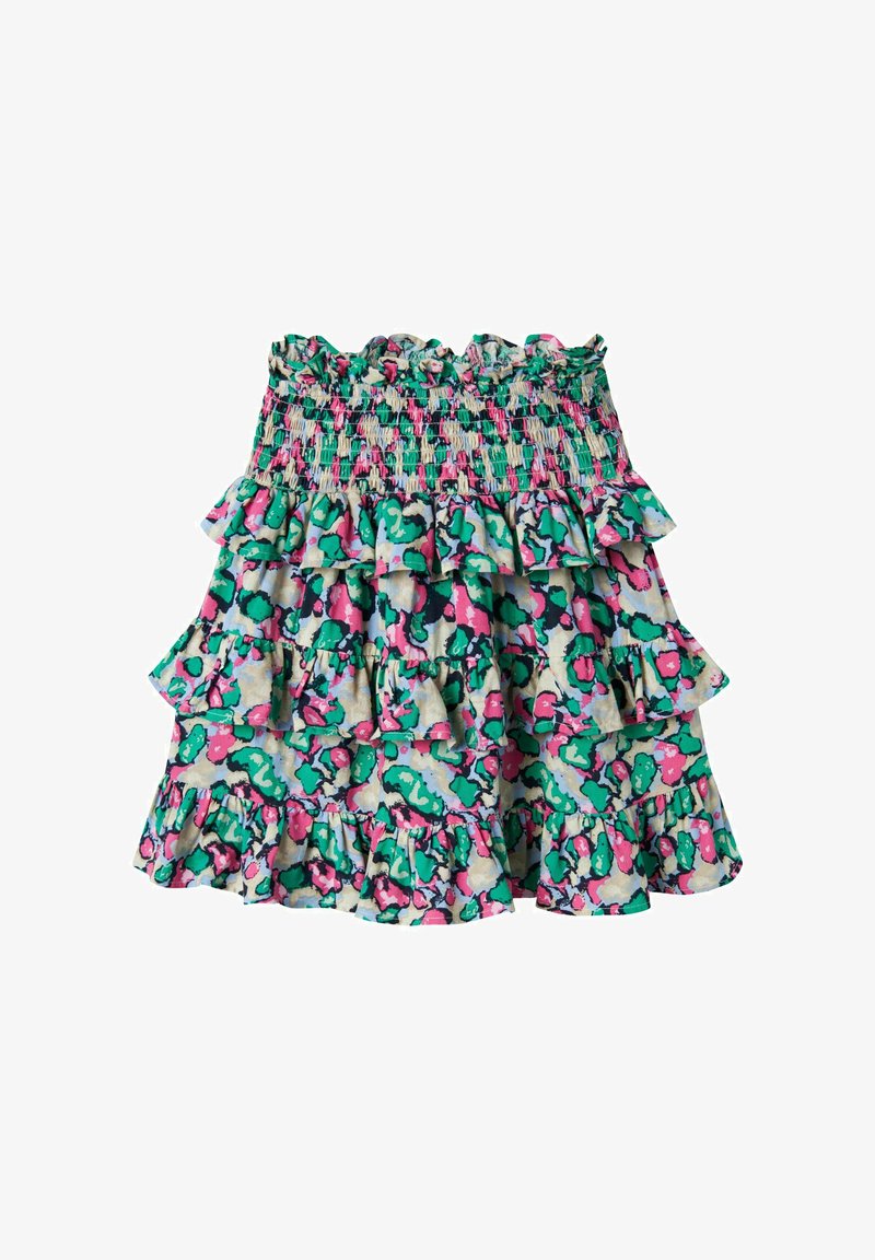 Večplastna krilna obleka s smockanim pasom. Ima živahen cvetlični vzorec v roza, zeleni in modri barvi na svetlem ozadju.